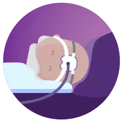 En rund, lila ikon med en teckning av en man som sover på sidan med en mask på.