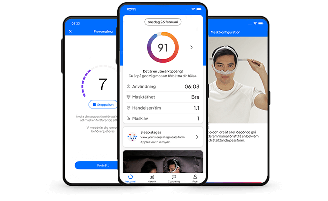 myAir-app med sovdata, maskinställning och testdriveskärmar